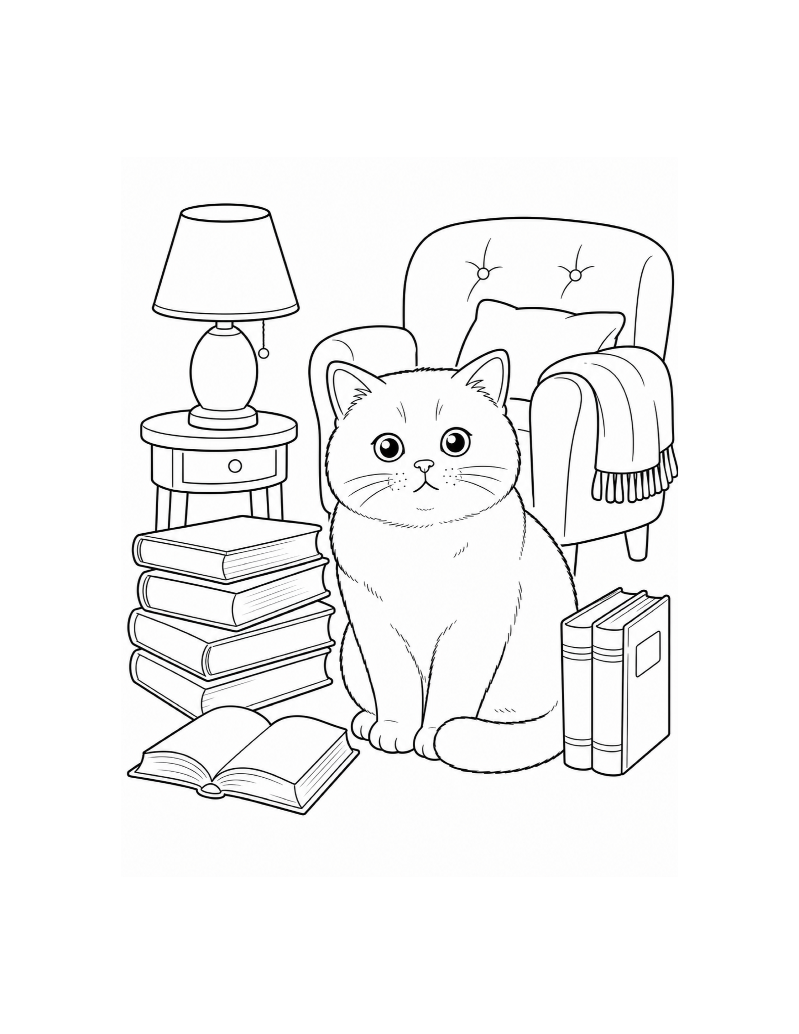 Cat with Books Coloring Page