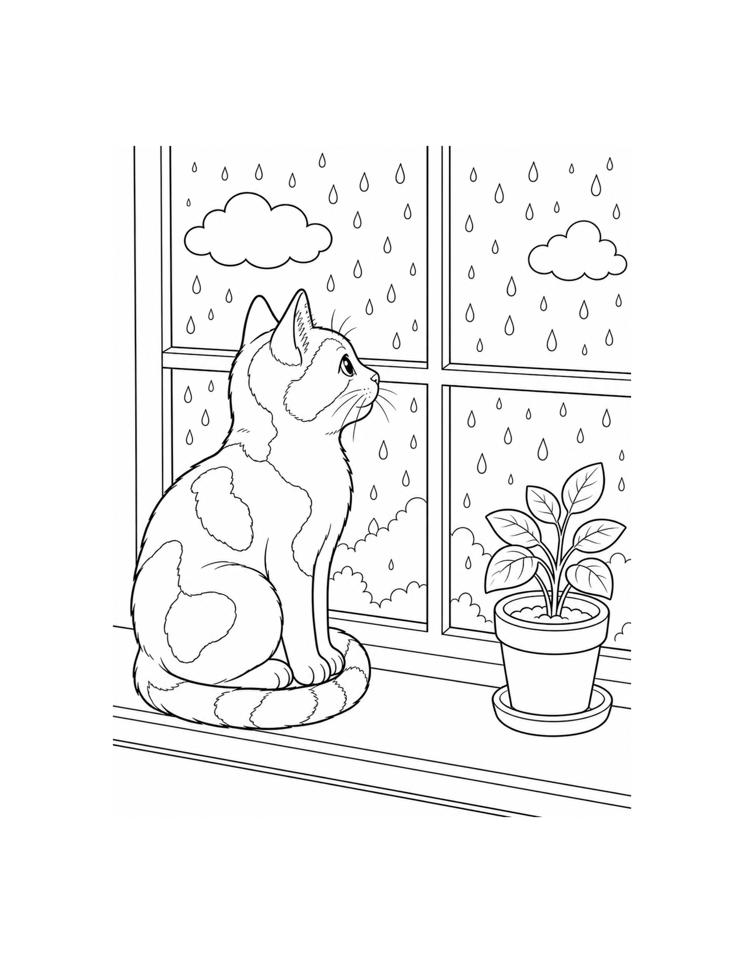 Cat Rainy Window Coloring Page