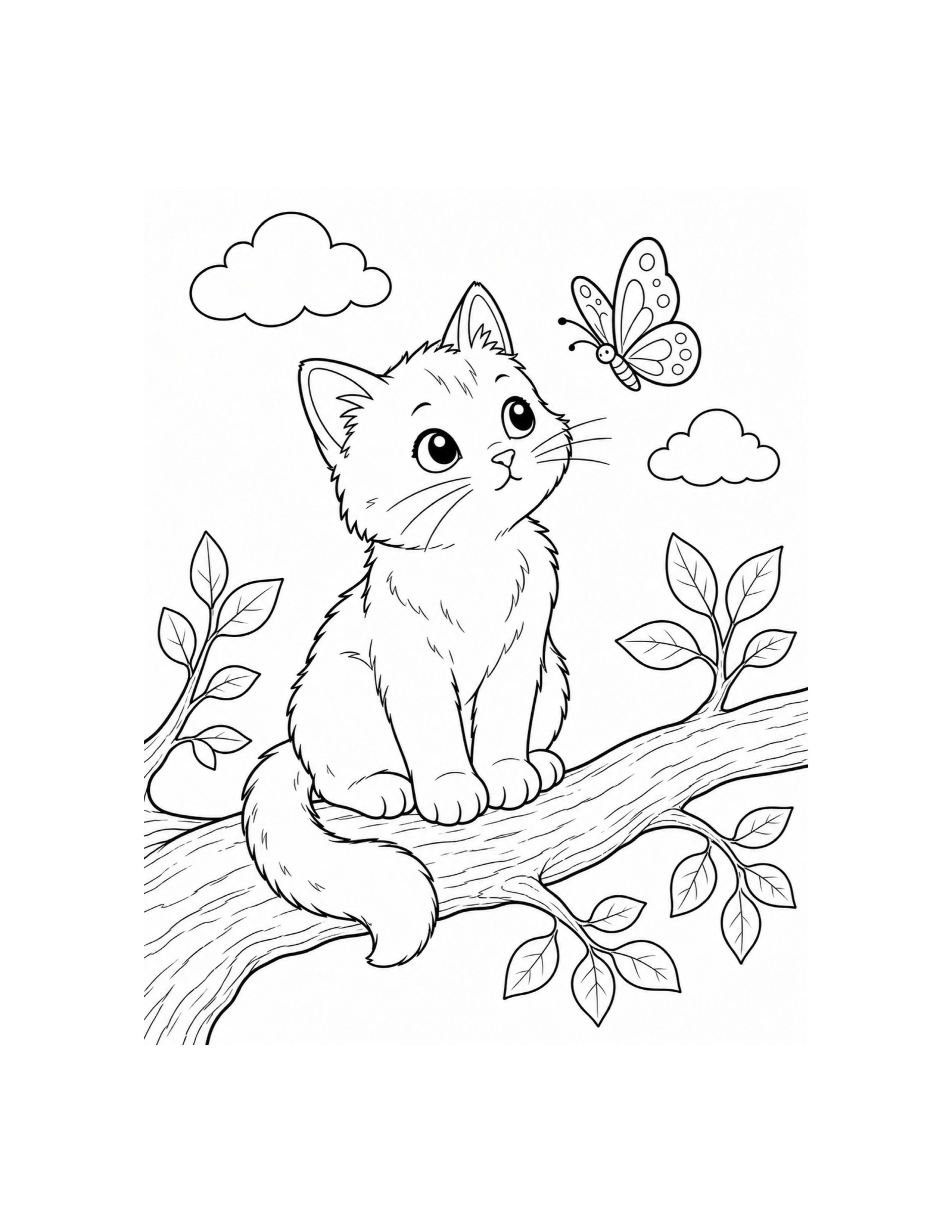 Cat on Tree with Butterfly Coloring Page