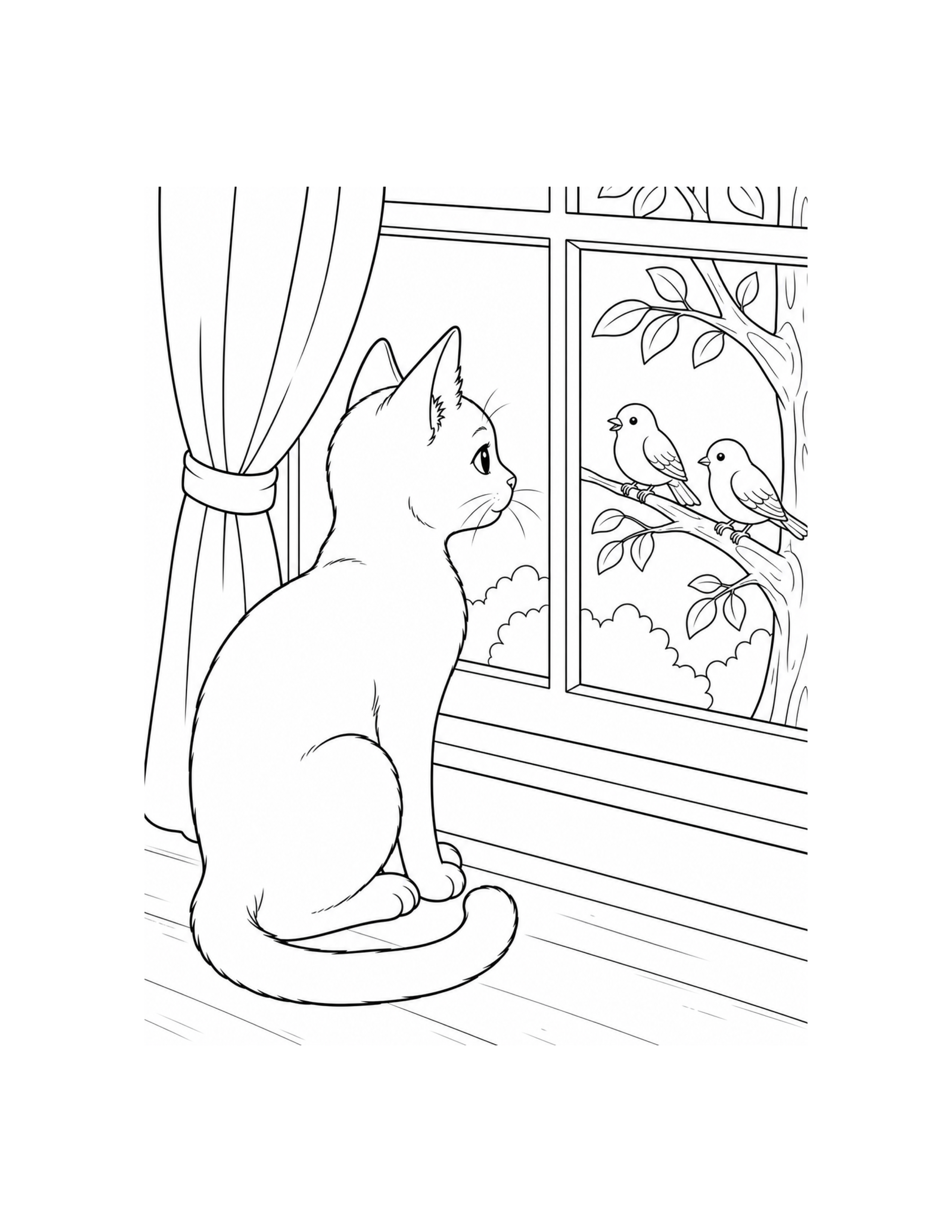Cat Watching Birds Coloring Page
