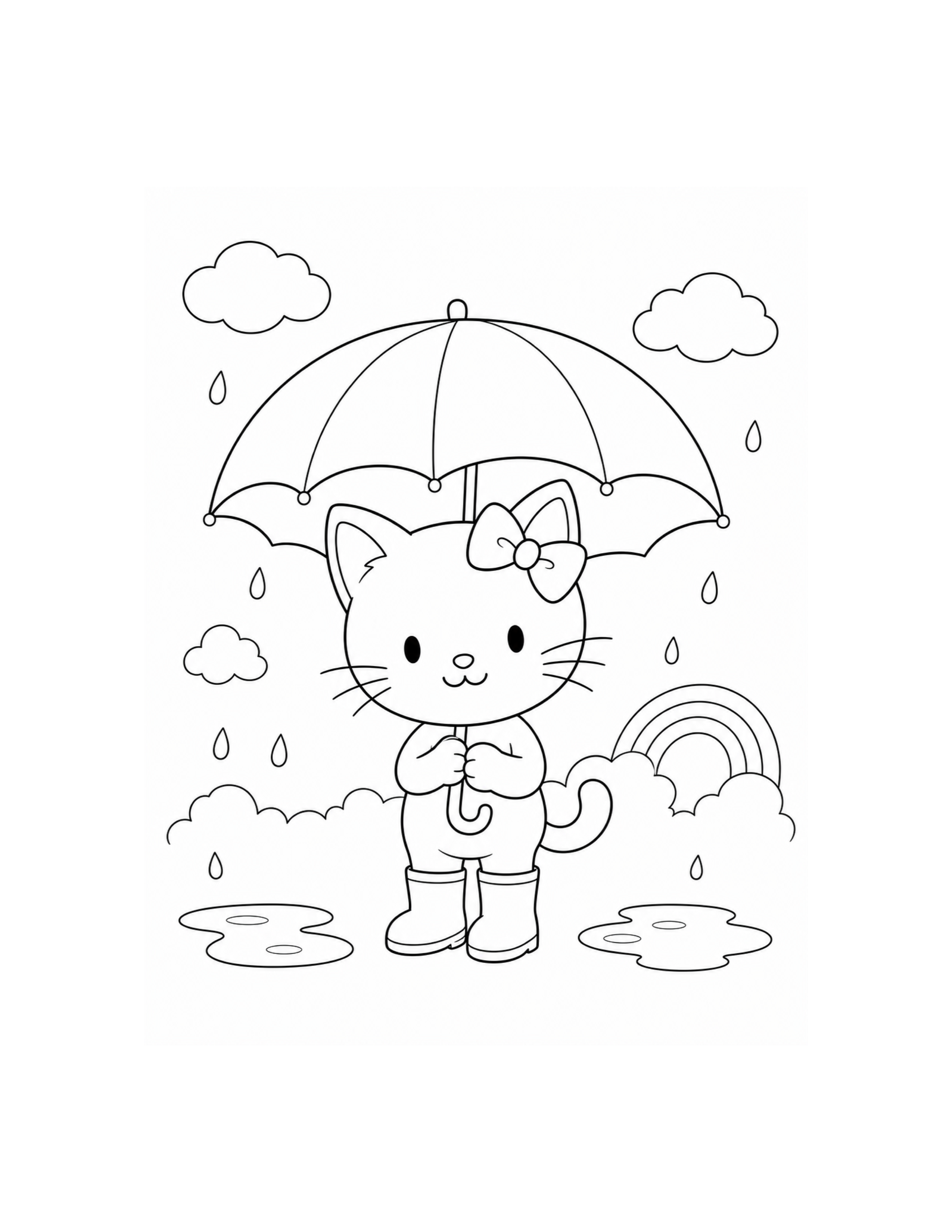 Hello Kitty Rainy Umbrella Coloring Page
