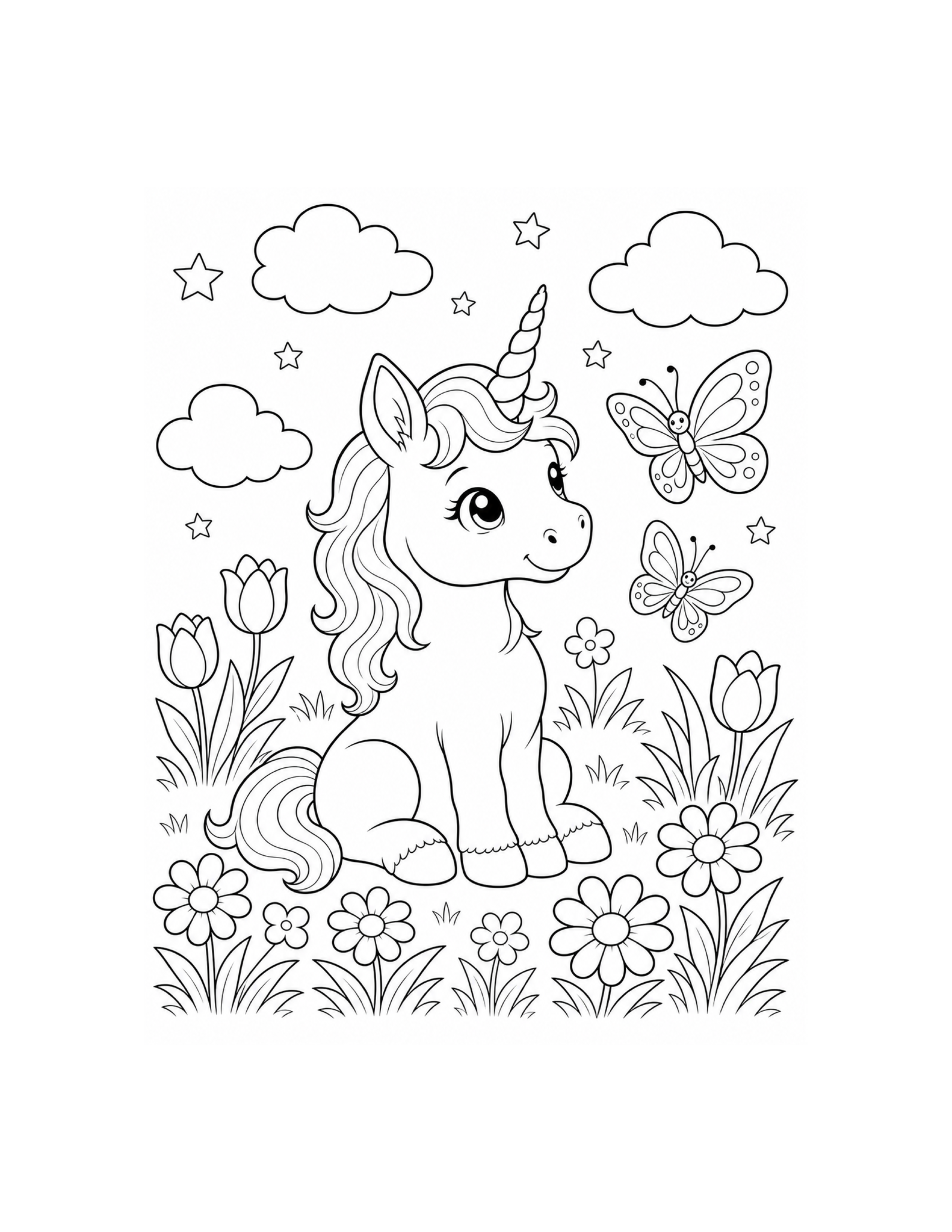 Baby Unicorn with Butterflies Coloring Page