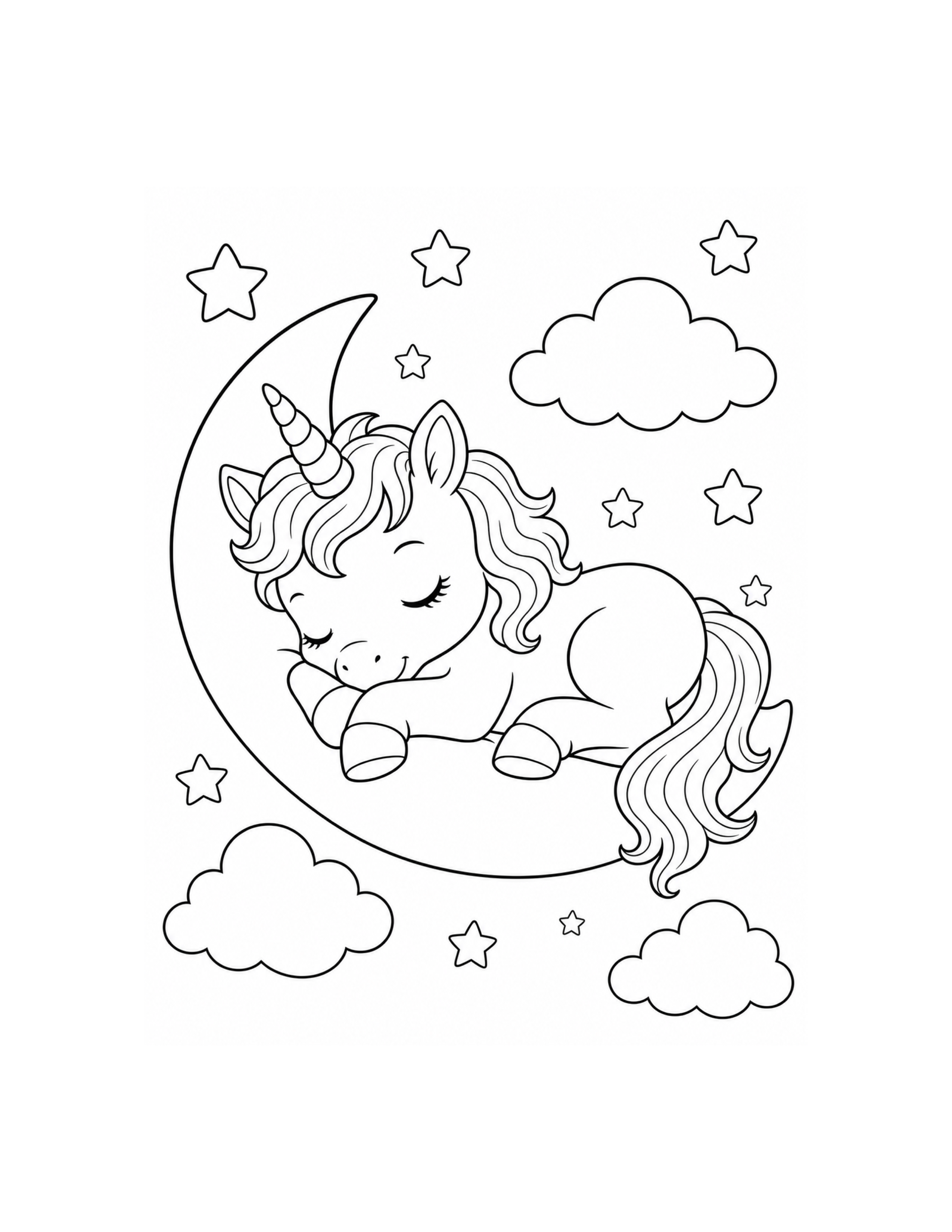 Sleeping Unicorn Moon Coloring Page