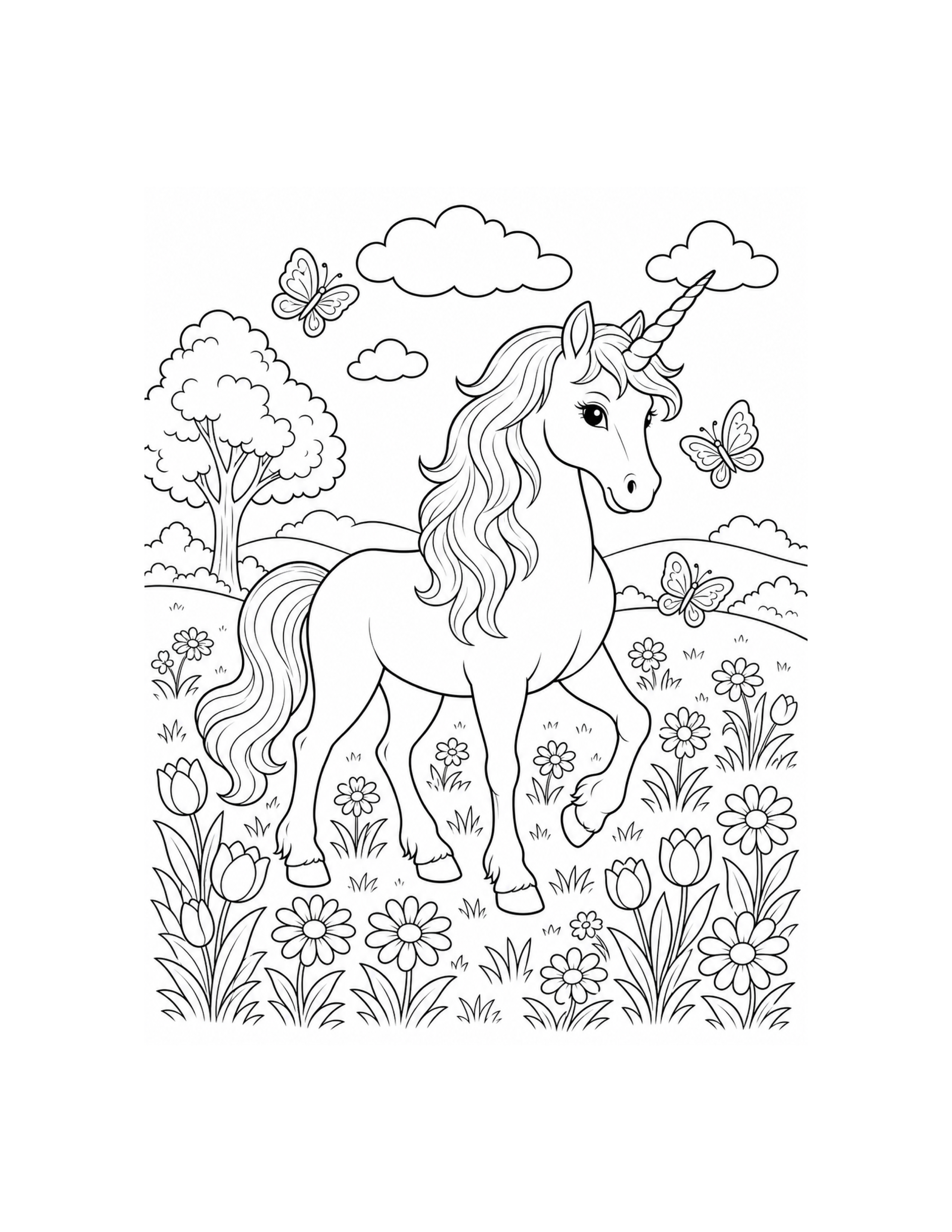 Unicorn Flower Meadow Coloring Page