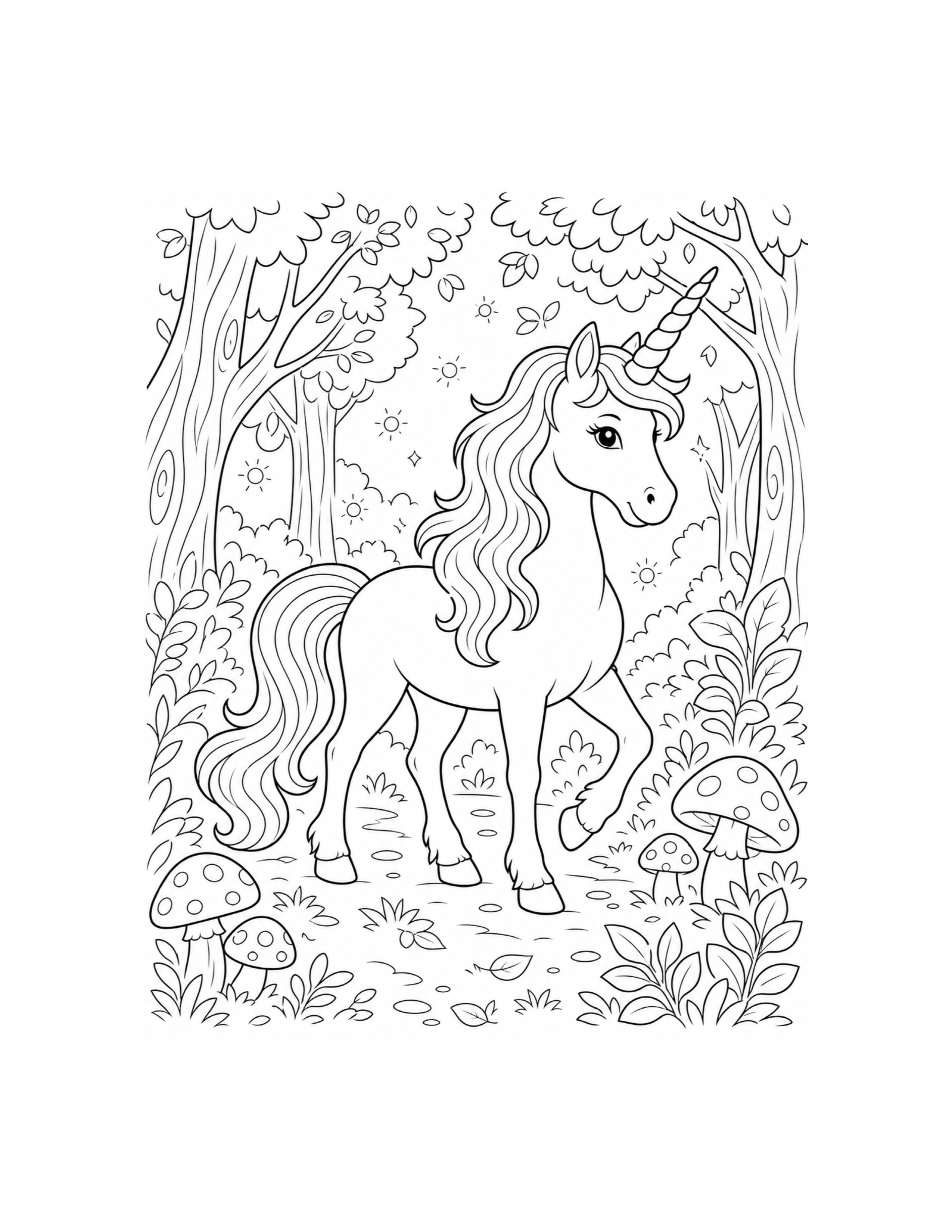 Unicorn Magical Forest Coloring Page