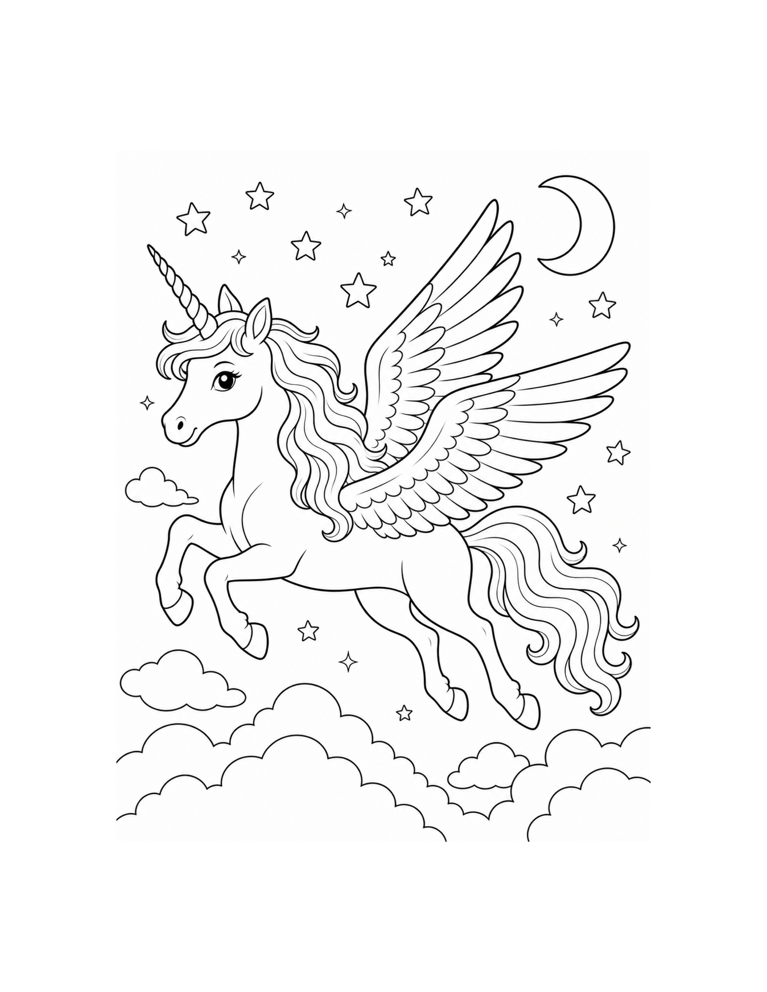 Winged Unicorn Clouds Coloring Page